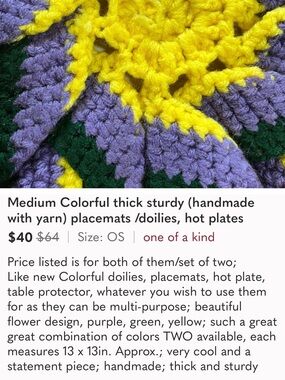 Vintage, Handmade-Yellow, Purple & Green Crochet Placemats - Set of 2